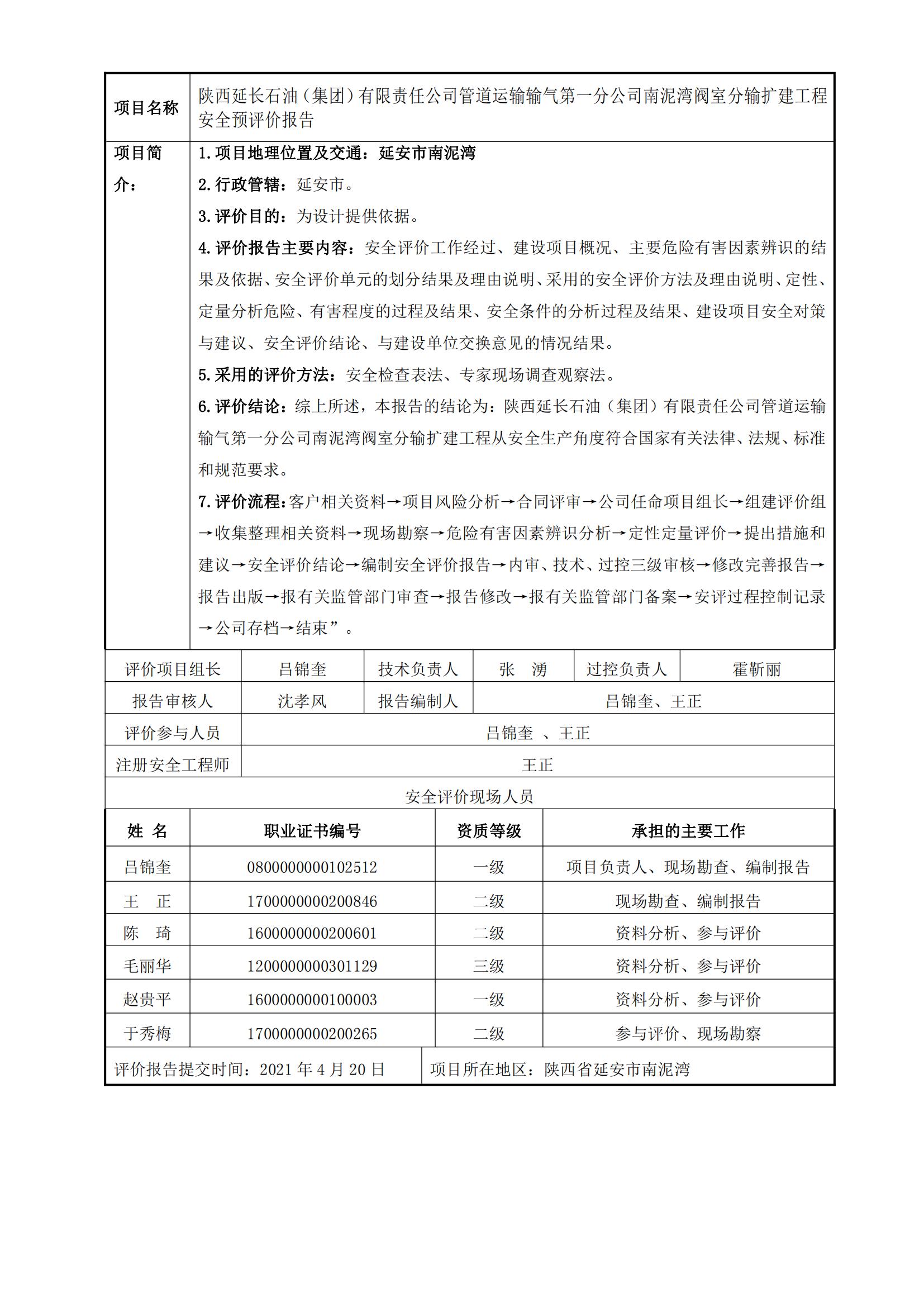 98+20210420+陜西延長(zhǎng)石油（集團(tuán)）有限責(zé)任公司管道運(yùn)輸輸氣第一分公司南泥灣閥室分輸擴(kuò)建工程安全預(yù)評(píng)價(jià)_00.jpg